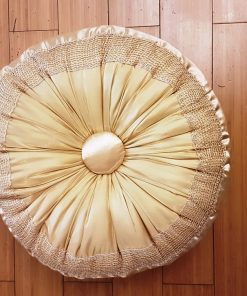Round decorative pillow Gold satin with brooch button