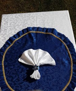 Round tablecloth blue damask with gold band 